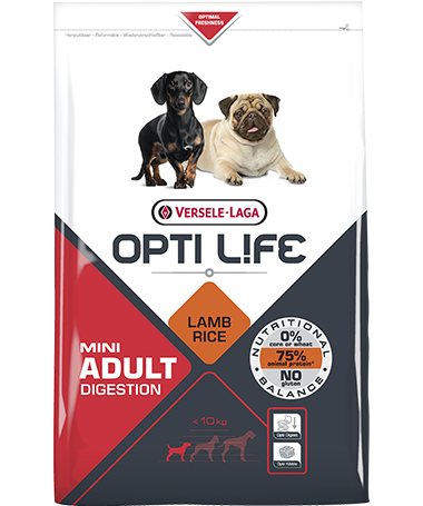 Συσκευασία του Opti Life Adult Digestion Mini των 2.5kg. Κωδικός προϊόντος: 431134 Διατίθεται επίσης και στην συσκευασία των 7.5kg με κωδικό προιόντος: 431135