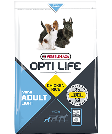 Συσκευασία του Opti Life Adult Light Mini των 2.5kg. Κωδικός προϊόντος: 431137 Διατίθεται επίσης και στην συσκευασία των 7.5kg με κωδικό προιόντος: 431138