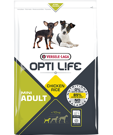 Συσκευασία του Opti Life Adult Mini των 2.5kg. Κωδικός προϊόντος: 431145 Διατίθεται επίσης και στην συσκευασία των 7.5kg με κωδικό προιόντος: 431146